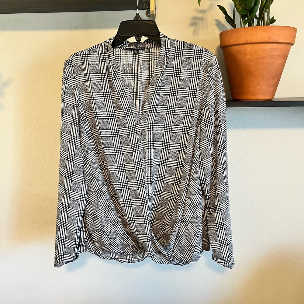 Adrianna Papell Black & White Plaid Faux-Wrap Blouse